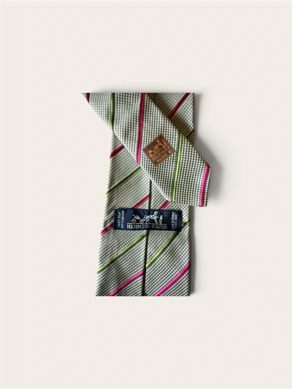 Hermès Silk Diagonal Stripe Tie in Gray with Pink & Green